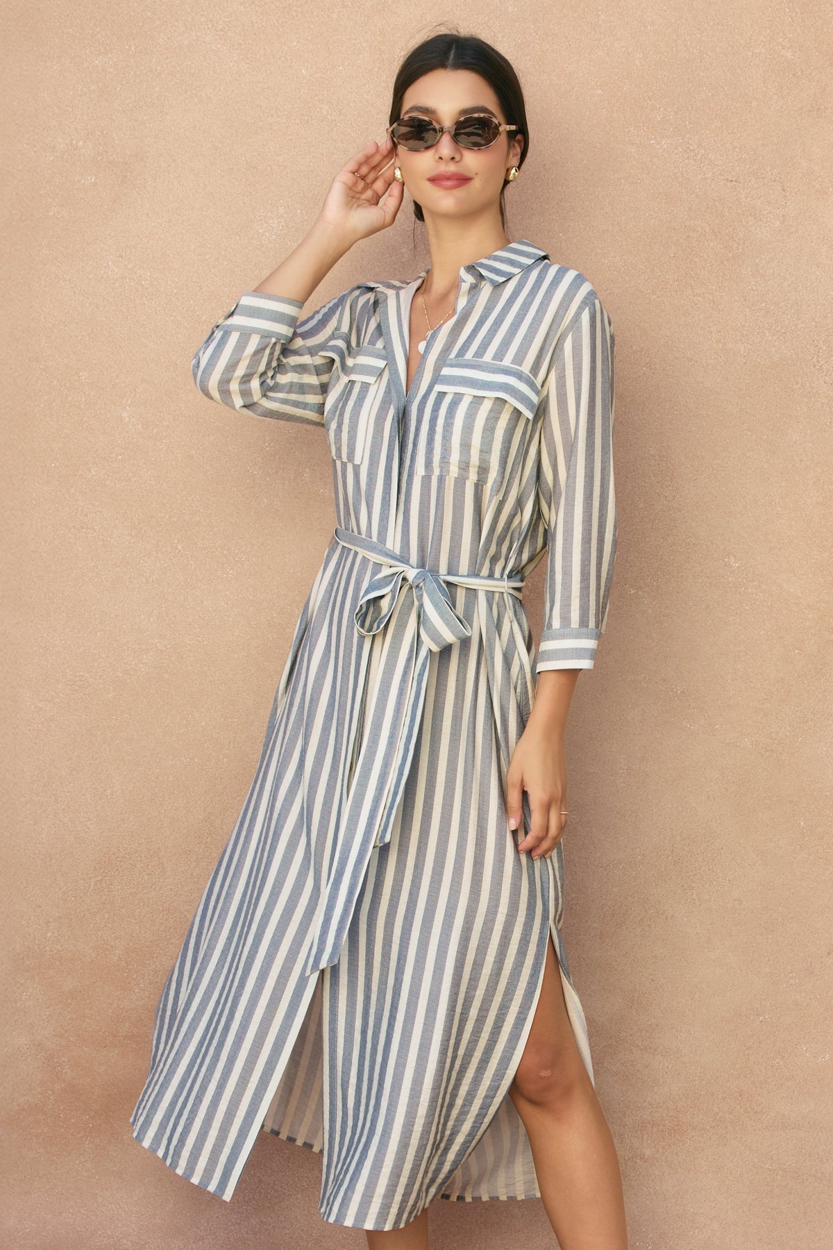 Quarter Sleeve Tie Front Maxi Shirt Dress OMFORT