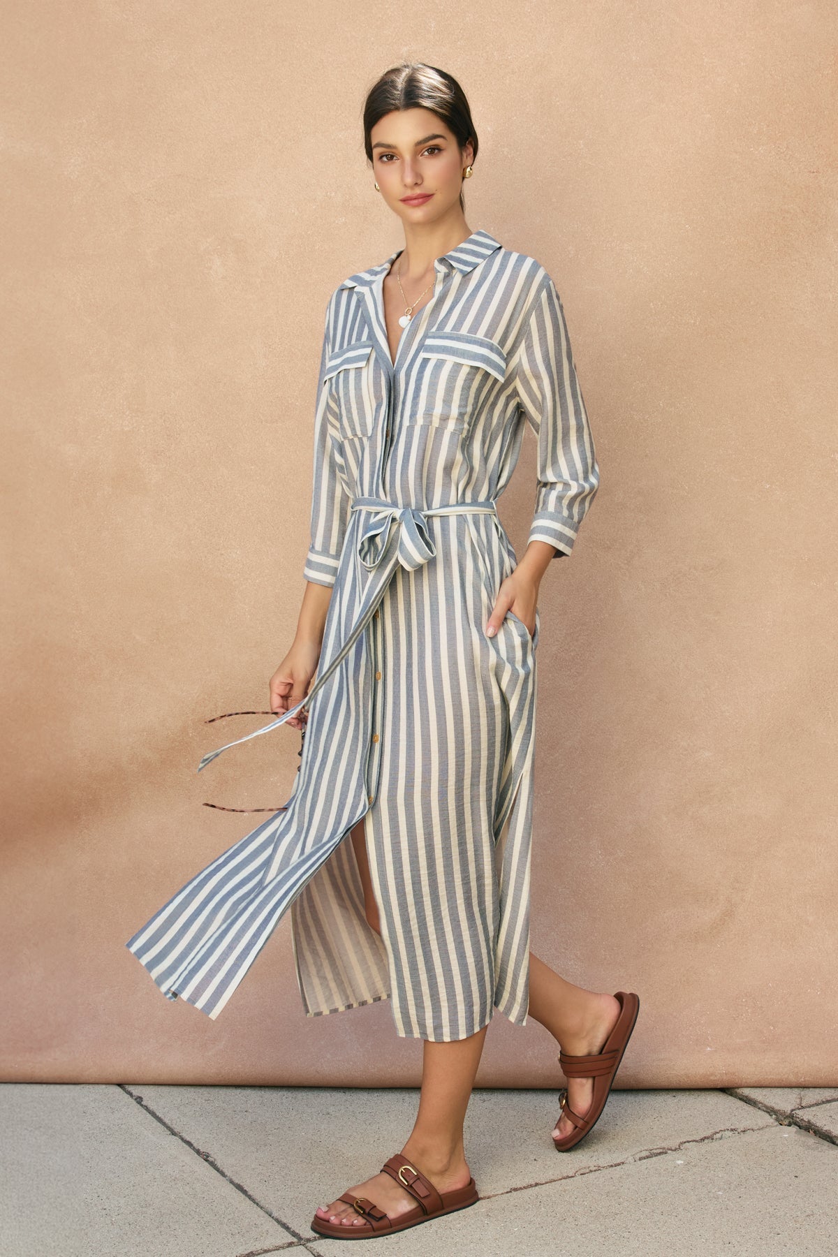 Quarter Sleeve Tie Front Maxi Shirt Dress OMFORT