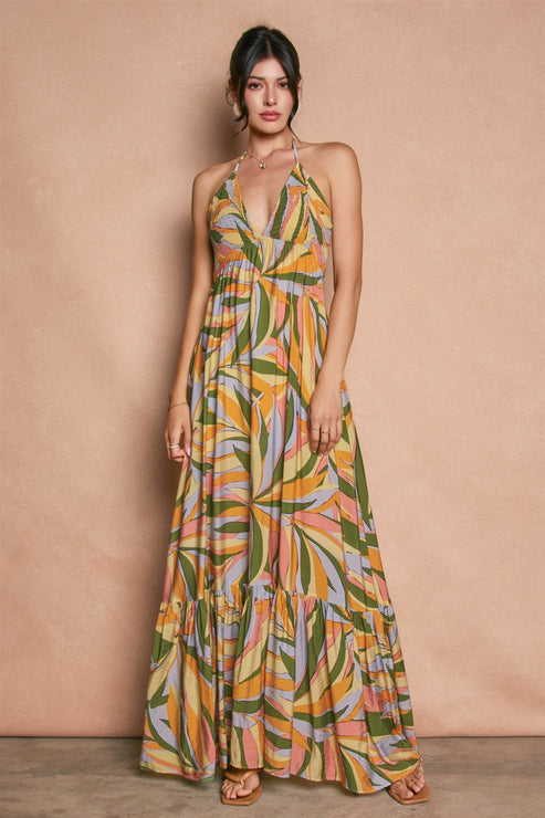 Multi Color Smock Halter Maxi Dress OMFORT