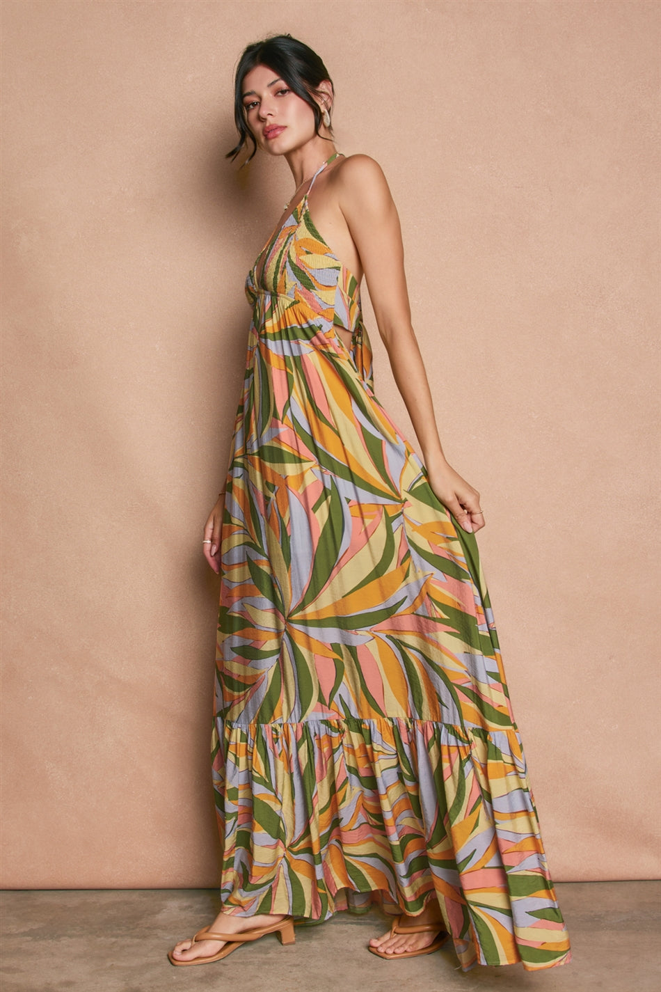 Multi Color Smock Halter Maxi Dress OMFORT