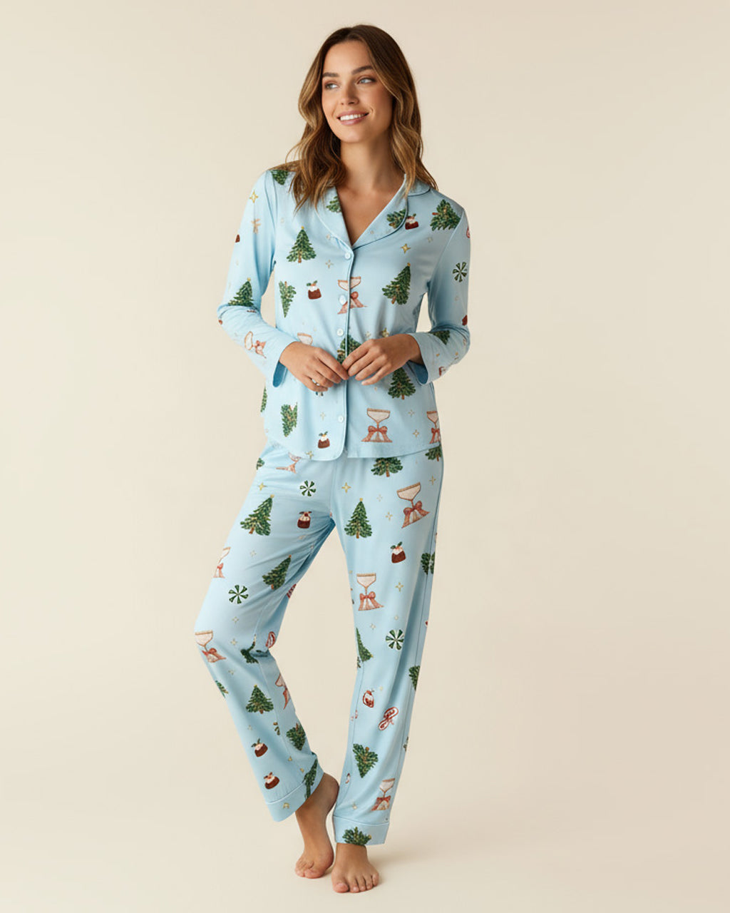 Christmas Tree Cocktail Print Pajama Set OMFORT