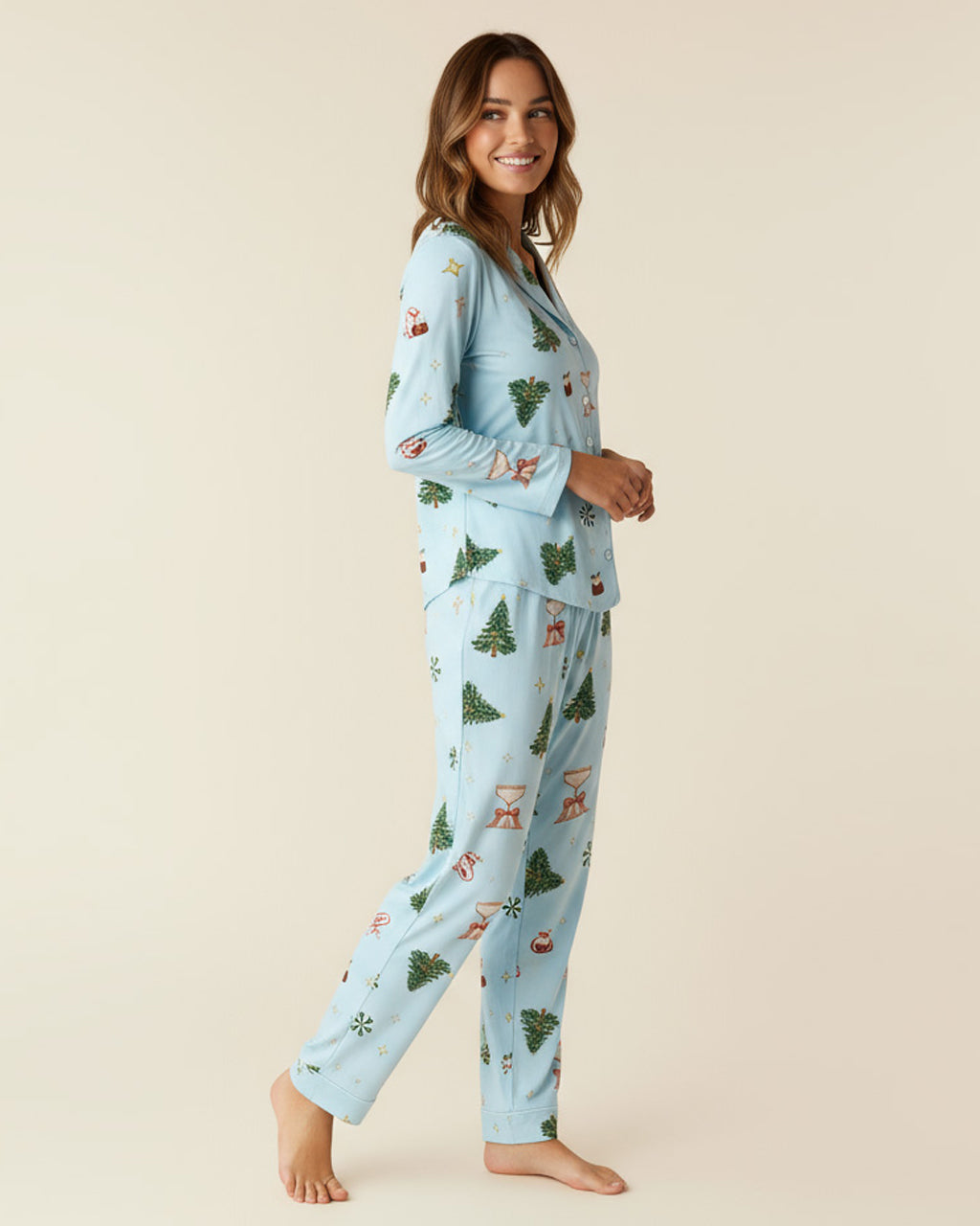 Christmas Tree Cocktail Print Pajama Set OMFORT