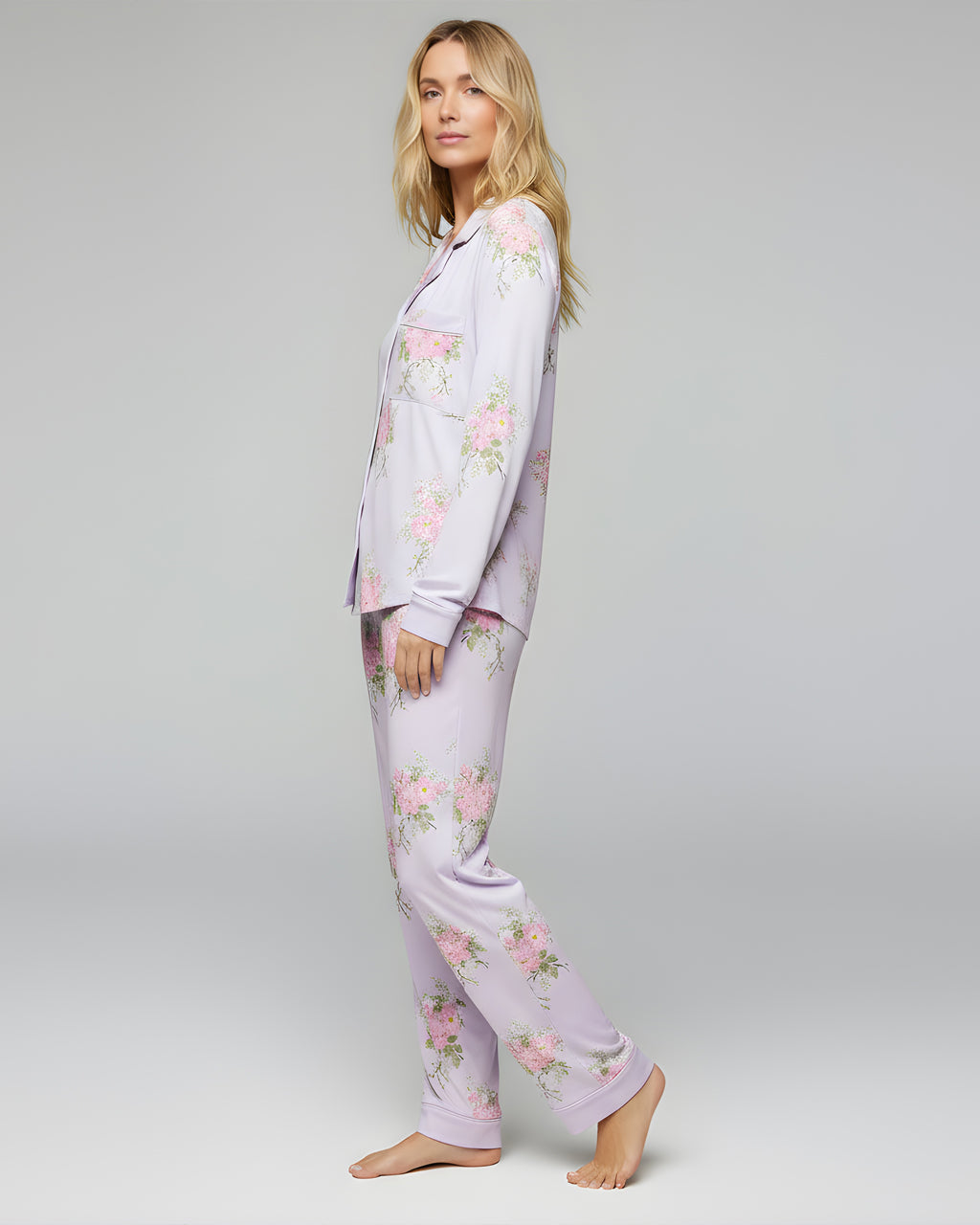 Elegant Purple Floral Print Pajama Set OMFORT