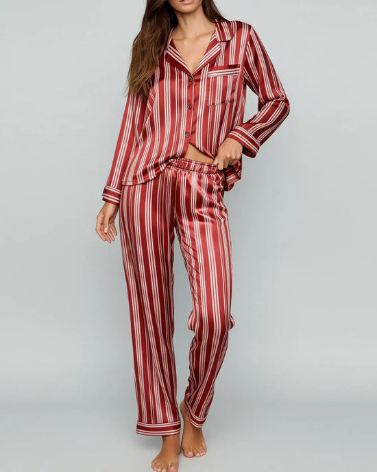 Long Sleeve Satin Three Stripes Pajama Set OMFORT