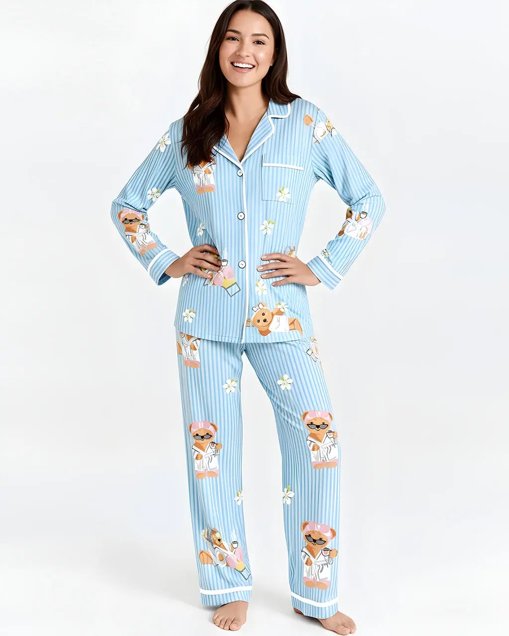 Bear Stripe Print Pajama Set OMFORT