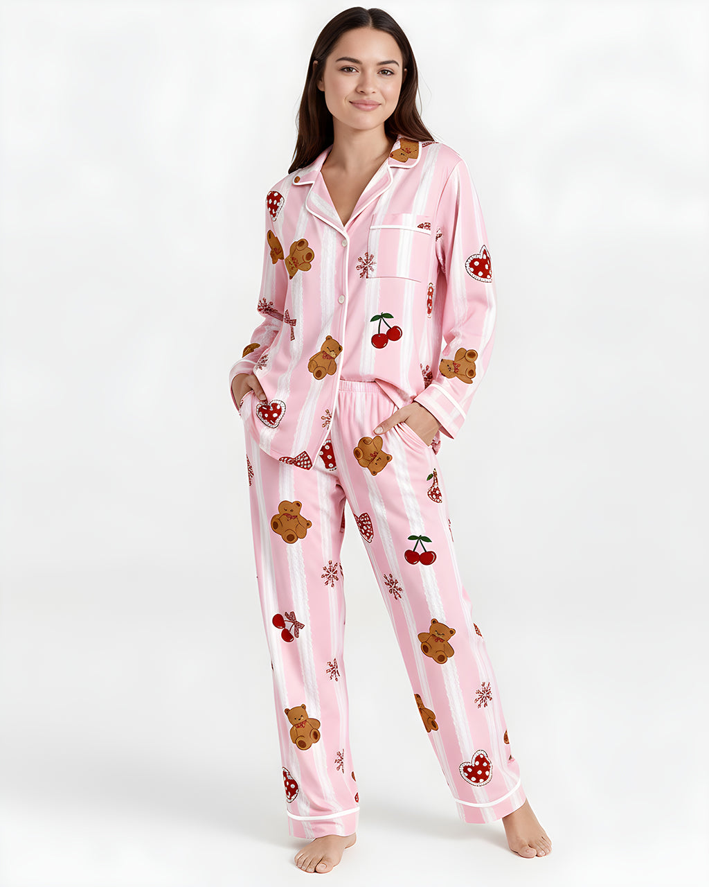 Bear Cherry Lace-Stripe Print Pajama Set OMFORT