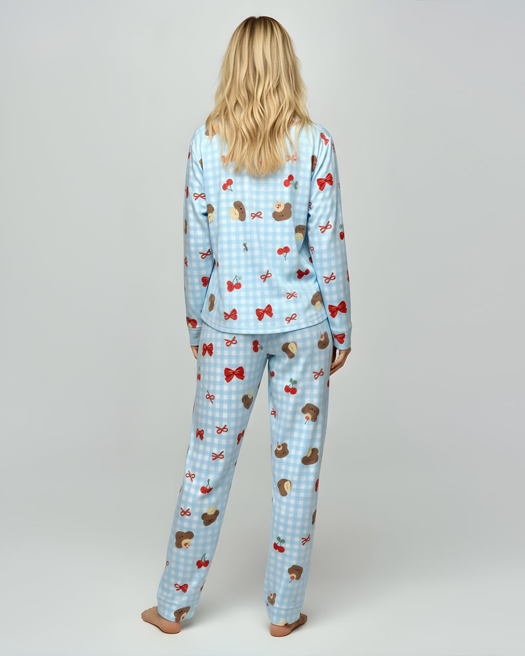 Fresh Blue Checkered Cherry Bear Print Pajama Set OMFORT