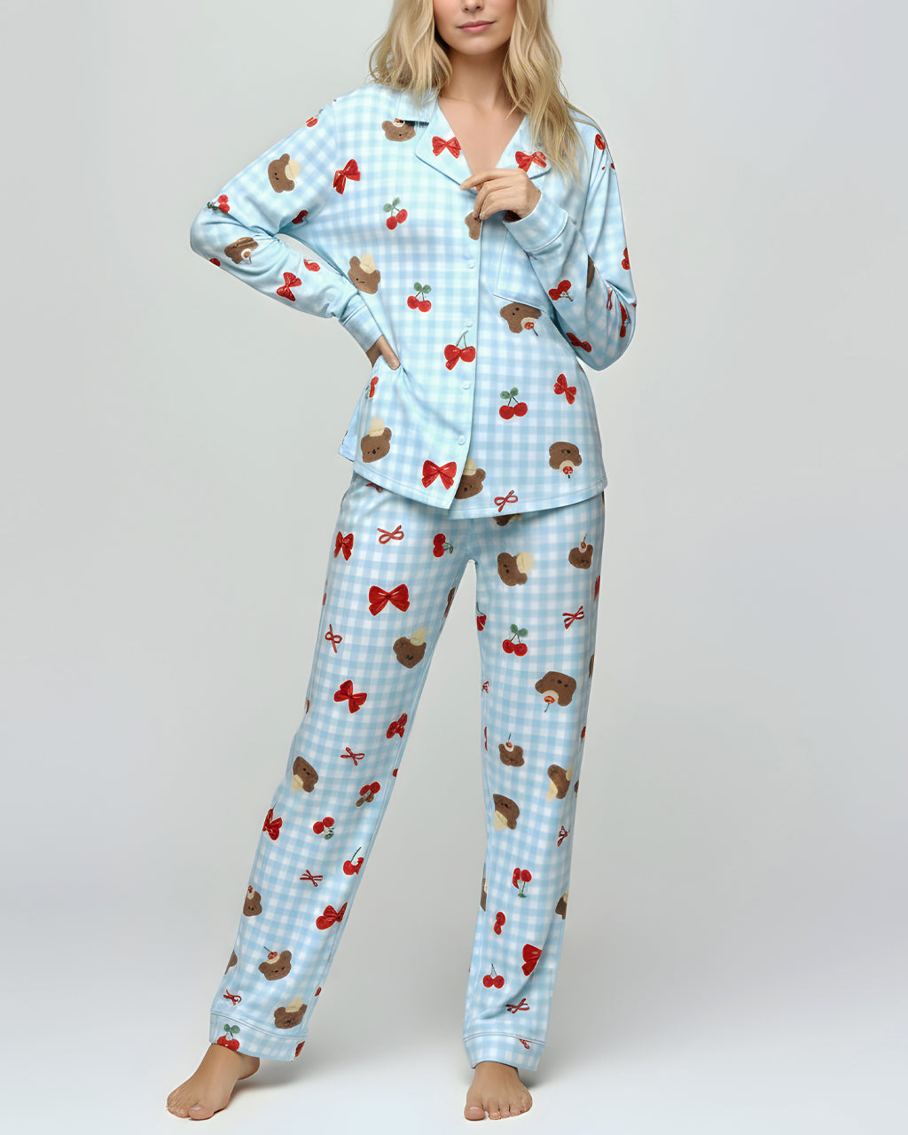 Fresh Blue Checkered Cherry Bear Print Pajama Set OMFORT