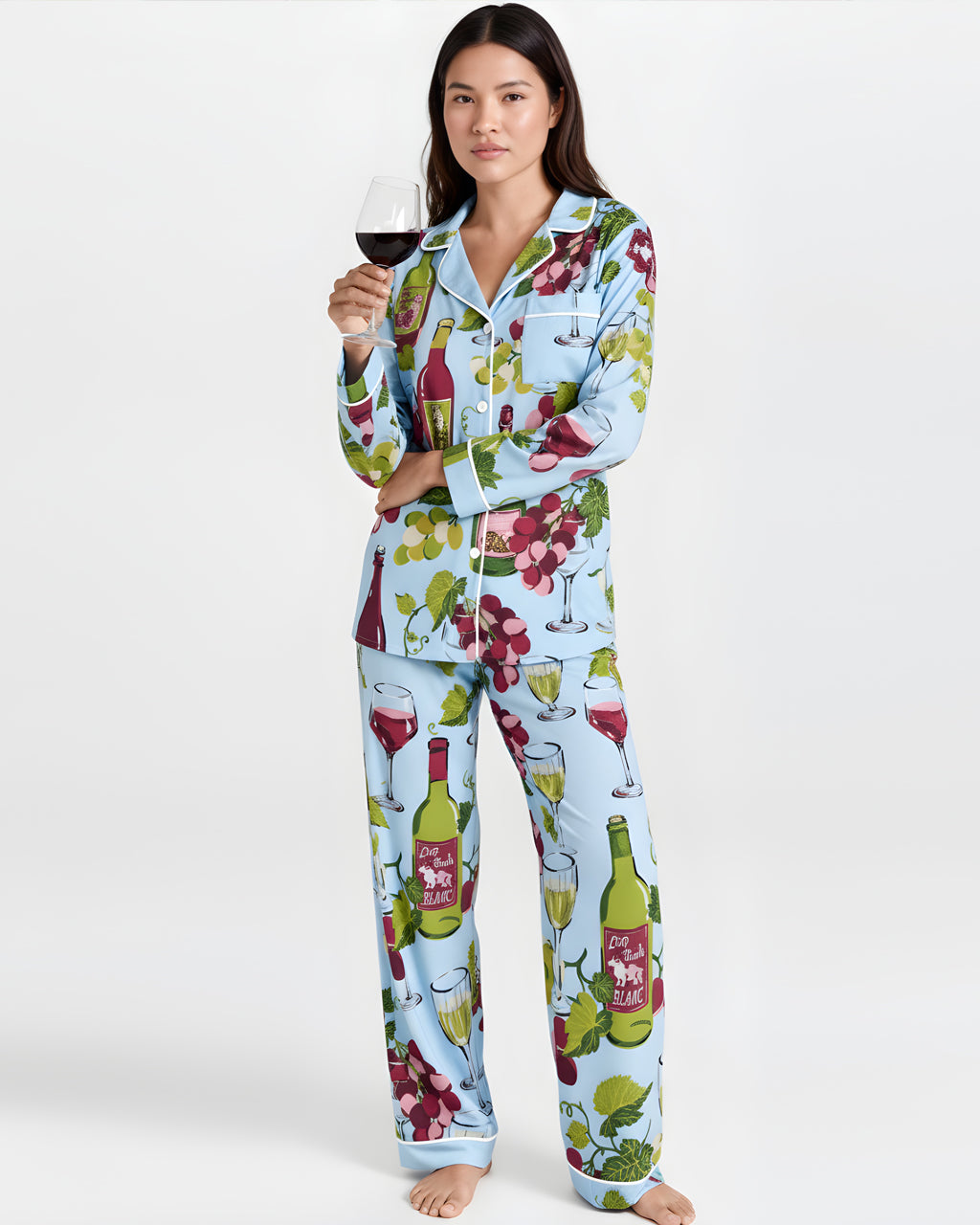 Grapes Wine Bottles Print Pajama Set OMFORT