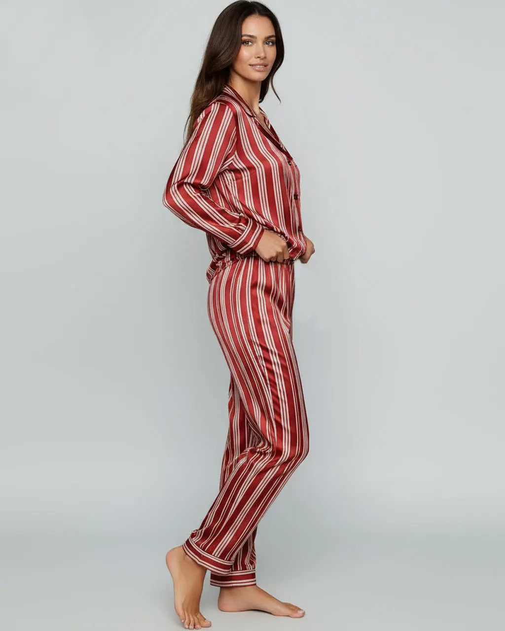 Long Sleeve Satin Three Stripes Pajama Set OMFORT