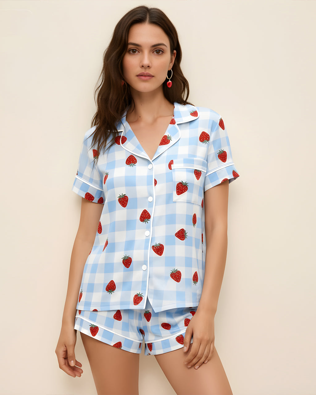 Strawberry Blue Whiteful Checkered Print Pajama Set OMFORT
