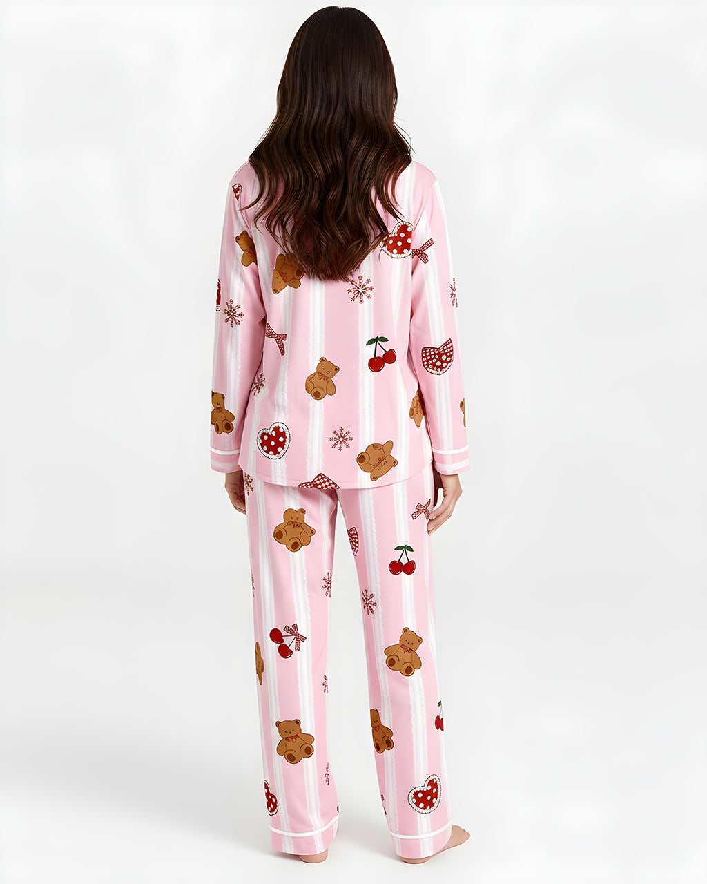 Bear Cherry Lace-Stripe Print Pajama Set OMFORT