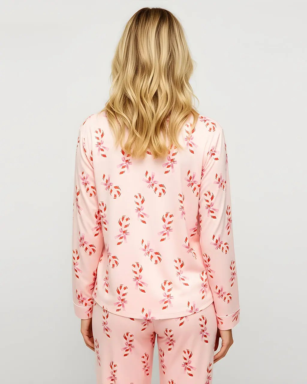 Christmas Candy Cane Bows Print Pajama Set OMFORT