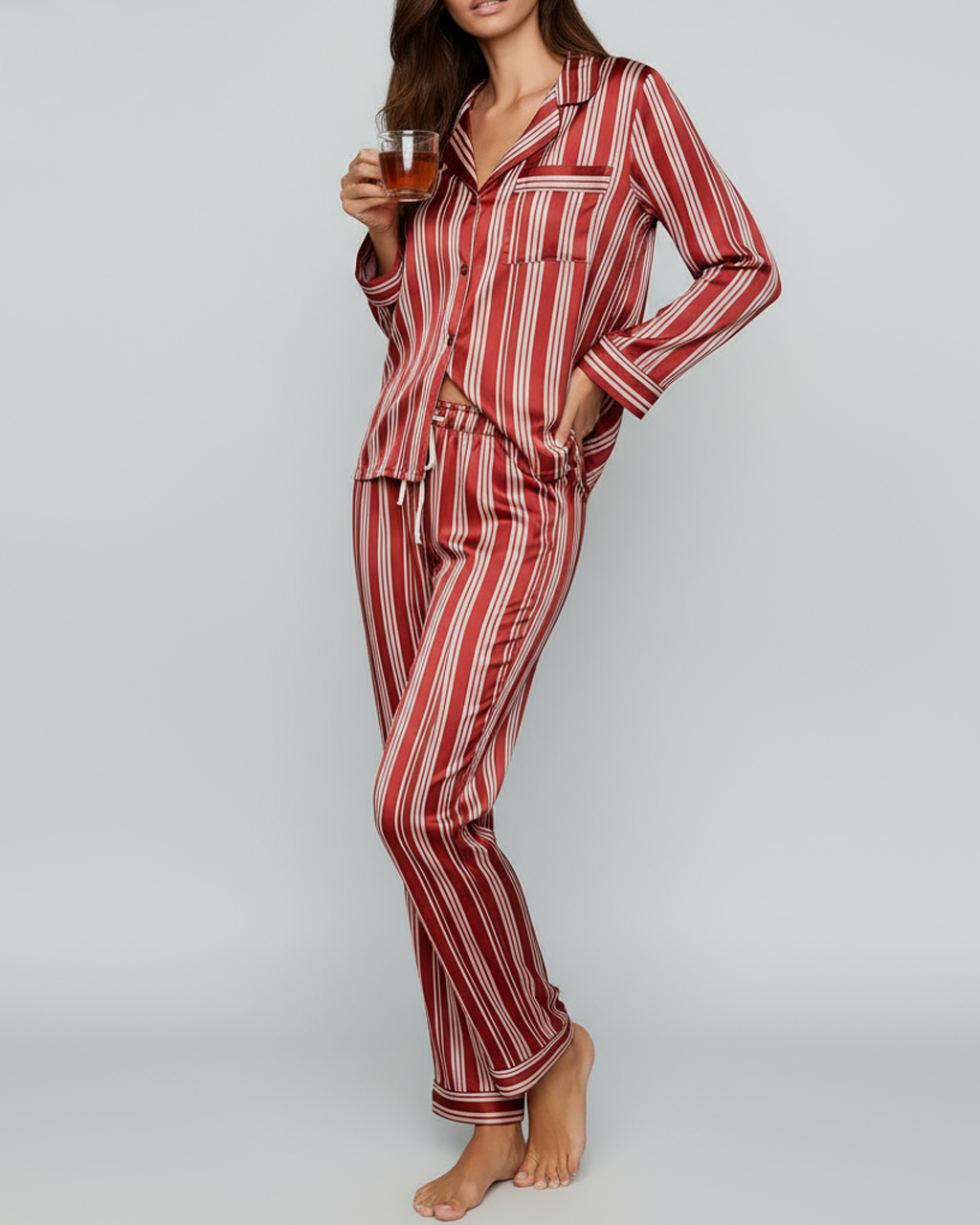 Long Sleeve Satin Three Stripes Pajama Set OMFORT