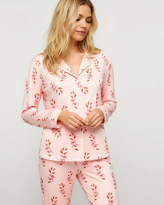 Christmas Candy Cane Bows Print Pajama Set OMFORT