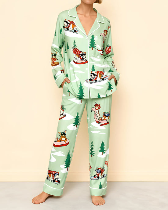 Skiing Christmas Dogs Print Pajama Set OMFORT