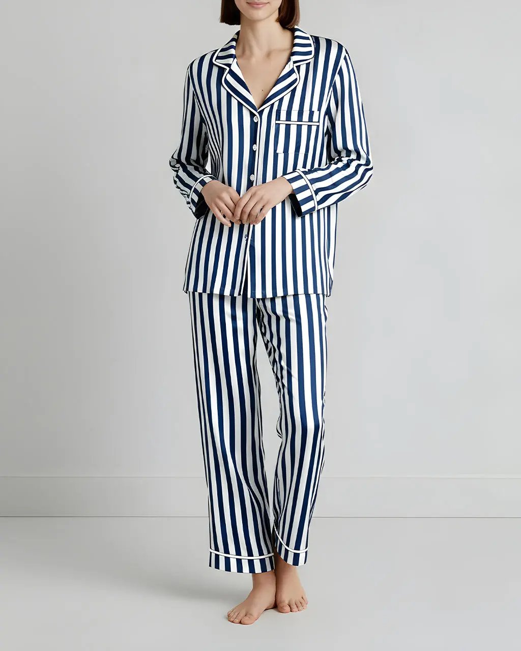 Full Length Stripe Print Pajama Set OMFORT