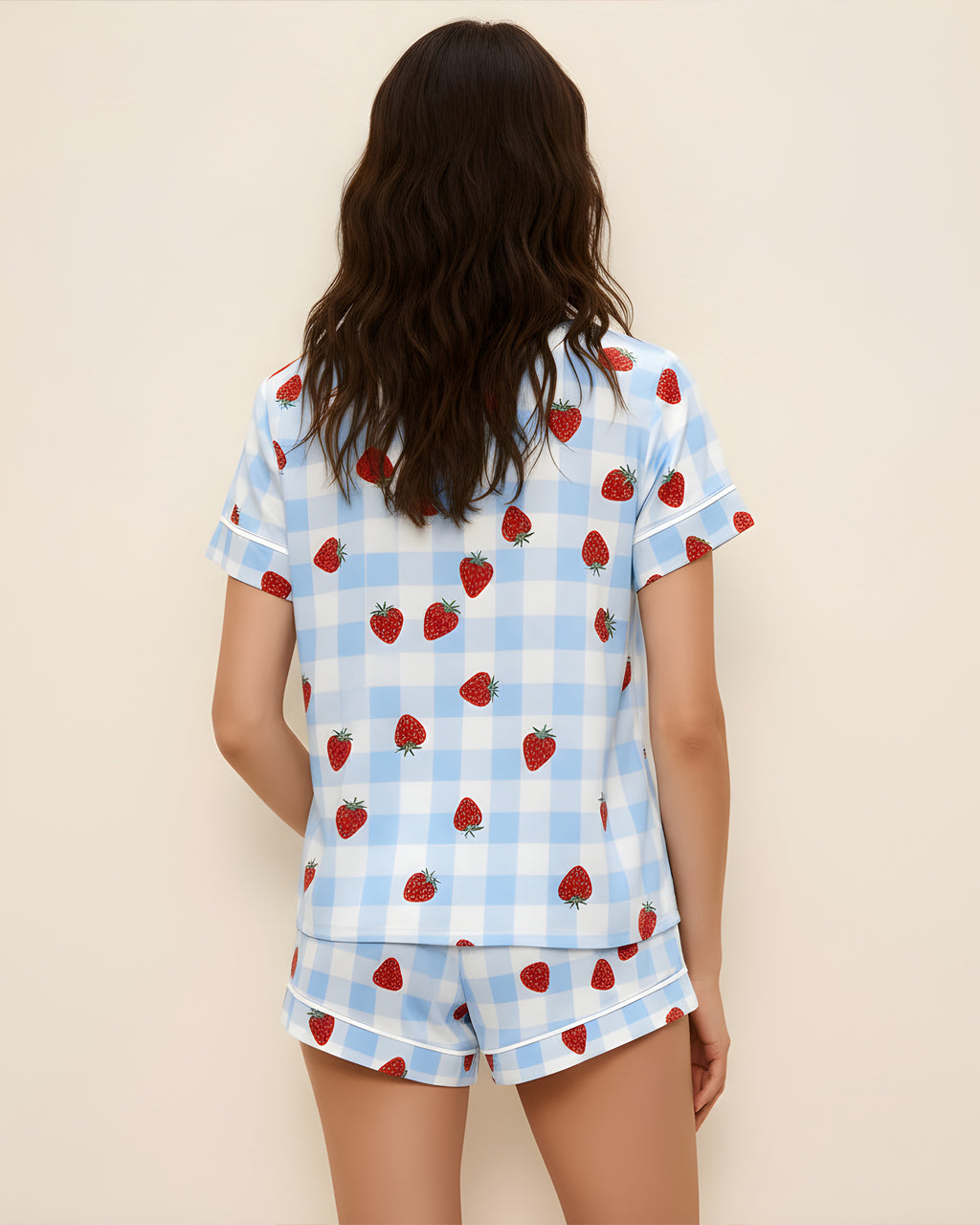 Strawberry Blue Whiteful Checkered Print Pajama Set OMFORT