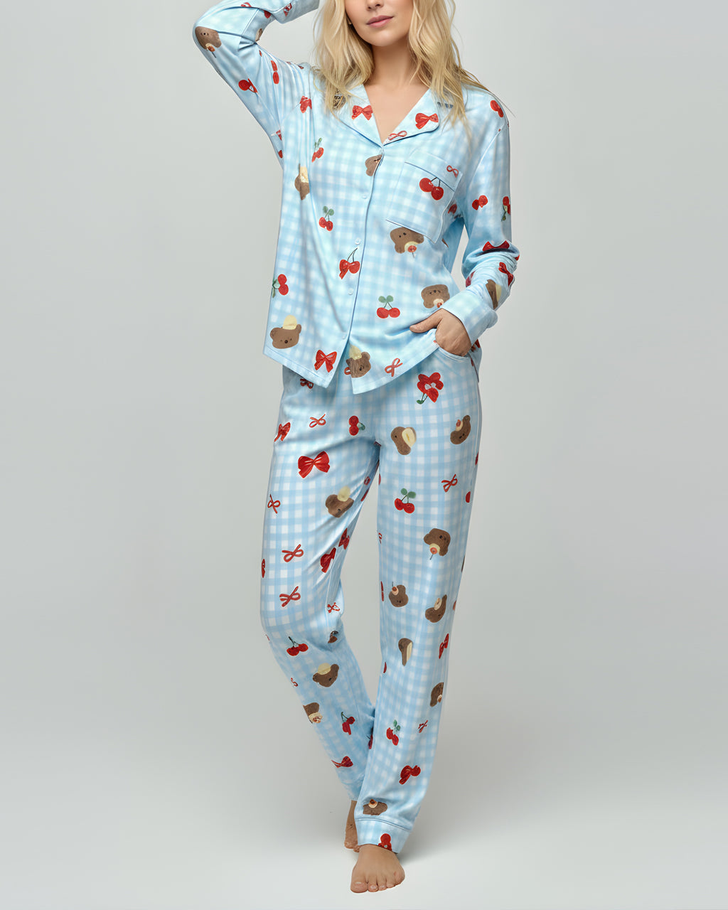 Fresh Blue Checkered Cherry Bear Print Pajama Set OMFORT