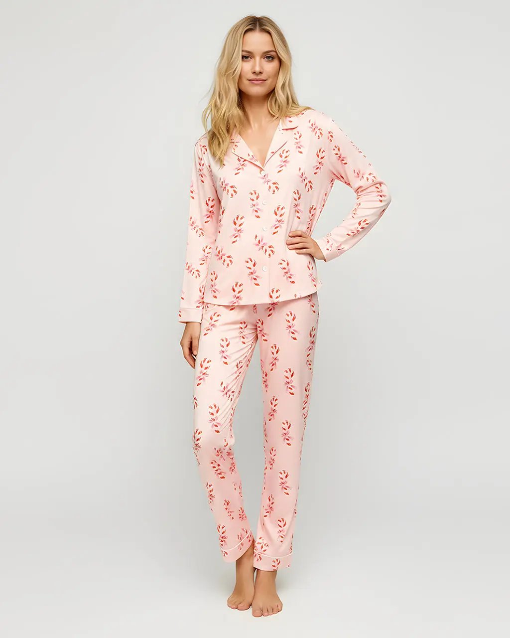 Christmas Candy Cane Bows Print Pajama Set OMFORT