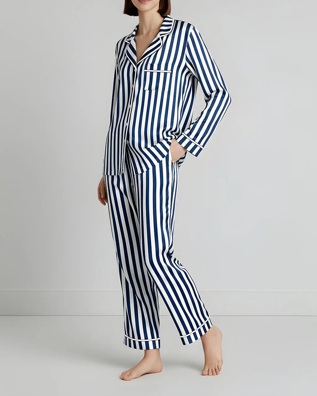 Full Length Stripe Print Pajama Set OMFORT