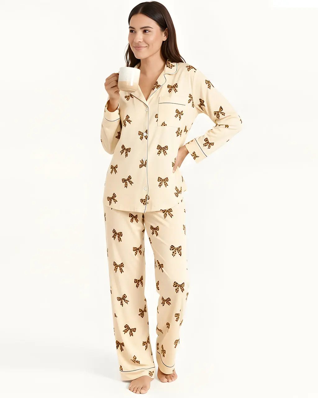 Bow Leopard Print Pajama Set OMFORT