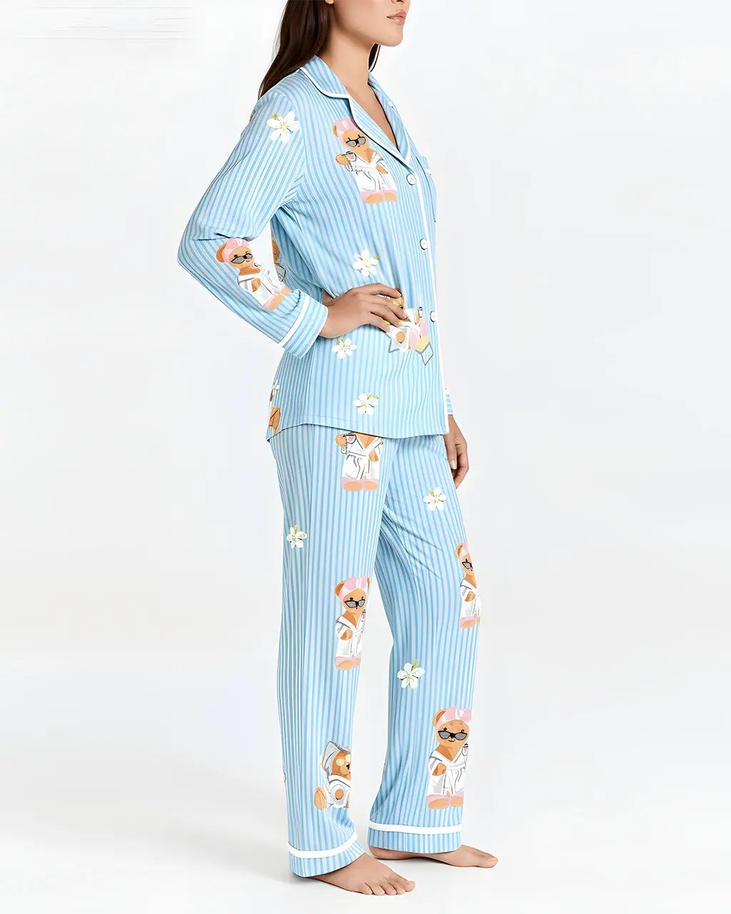 Bear Stripe Print Pajama Set OMFORT