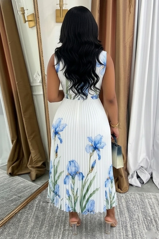Shawl Collar Sleeveless Floral Pleated Casual Maxi Dresses mysite