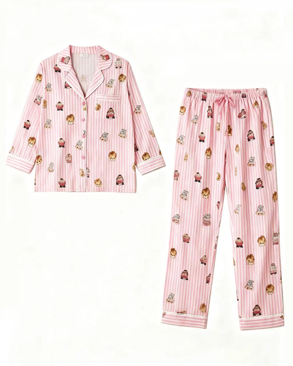 Fine Stripe Abstract Cute Print Lapel Tie-waist Pajama Set OMFORT