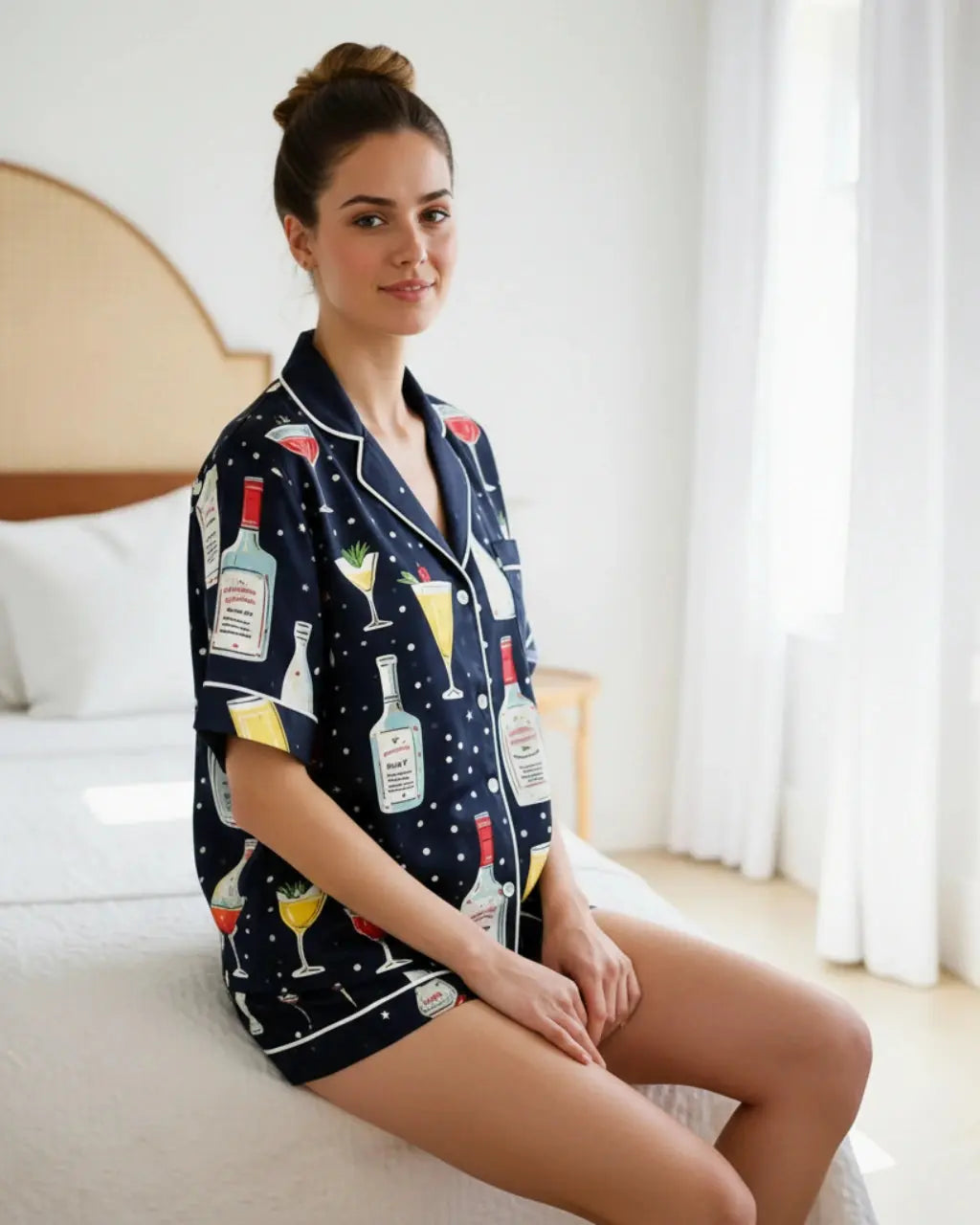 Black Champagne Print Short Pajamas Set OMFORT