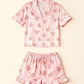 Pink Floral Print Comfortable Satin Short-Sleeve Pajama Set OMFORT