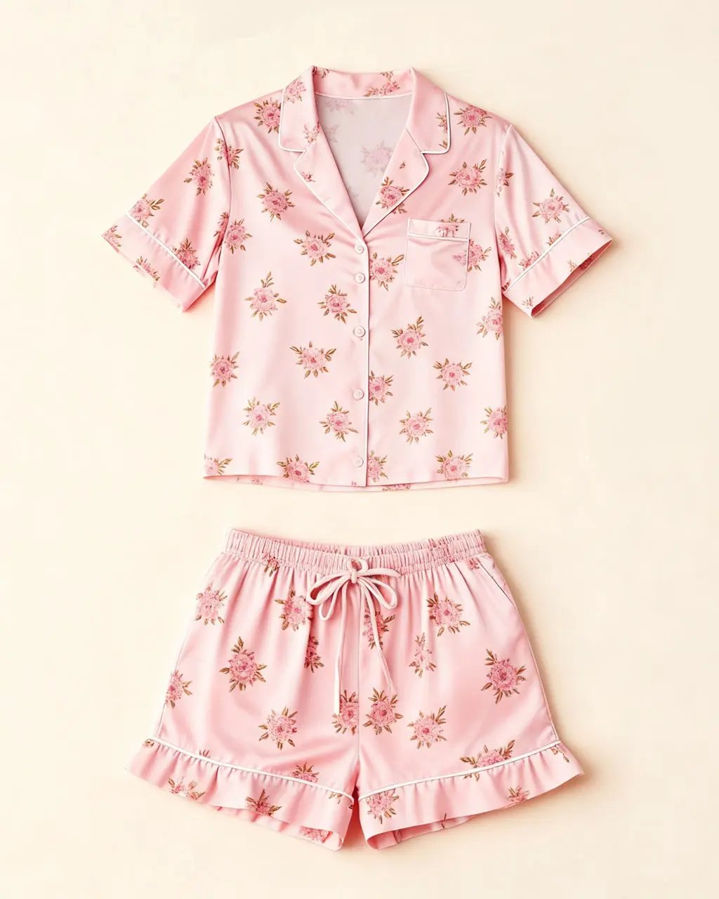 Pink Floral Print Comfortable Satin Short-Sleeve Pajama Set OMFORT