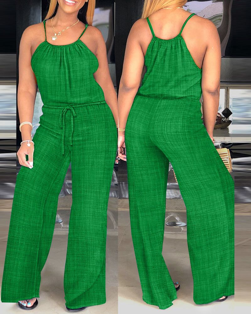 Spaghetti Strap Drawstring Tied Waist Jumpsuit Casual Overalls OMFORT