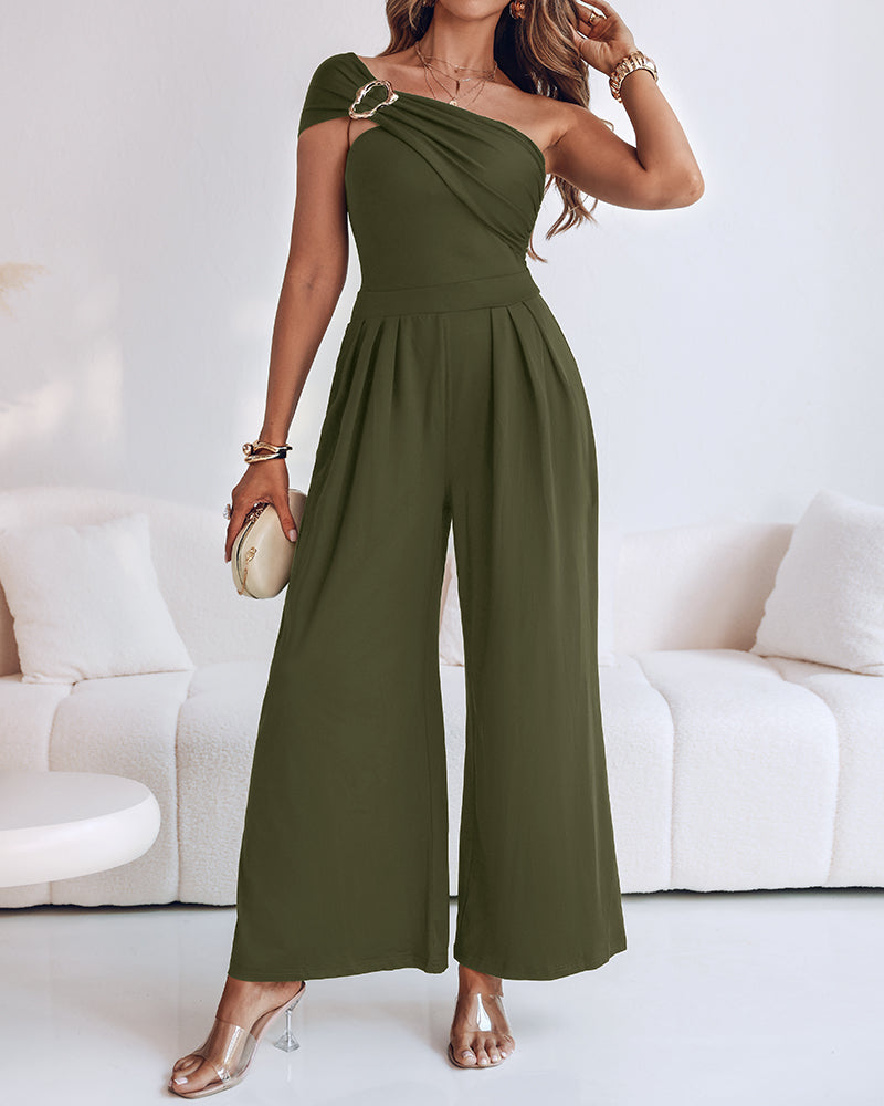 Cold Shoulder Ruched Buckle Wide Leg Jumpsuit Omfort
