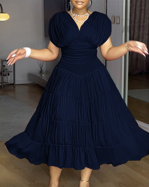 Textured V Neck Sleeveless Ruched Ruffles Hem Dress Casual Waist A Line Party Midi Dress OMFORT
