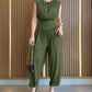 Padded Shoulders Sleeveless Cinched Waist Side High Slit Overalls Casual Hollow-out Back Ruched Jumpsuit Omfort