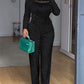 2 Pieces Outfit Cowl Neck Lace Spliced Long Sleeve Top and Elastic Waist Wide Leg Pants Set Casual Glitter Set Omfort