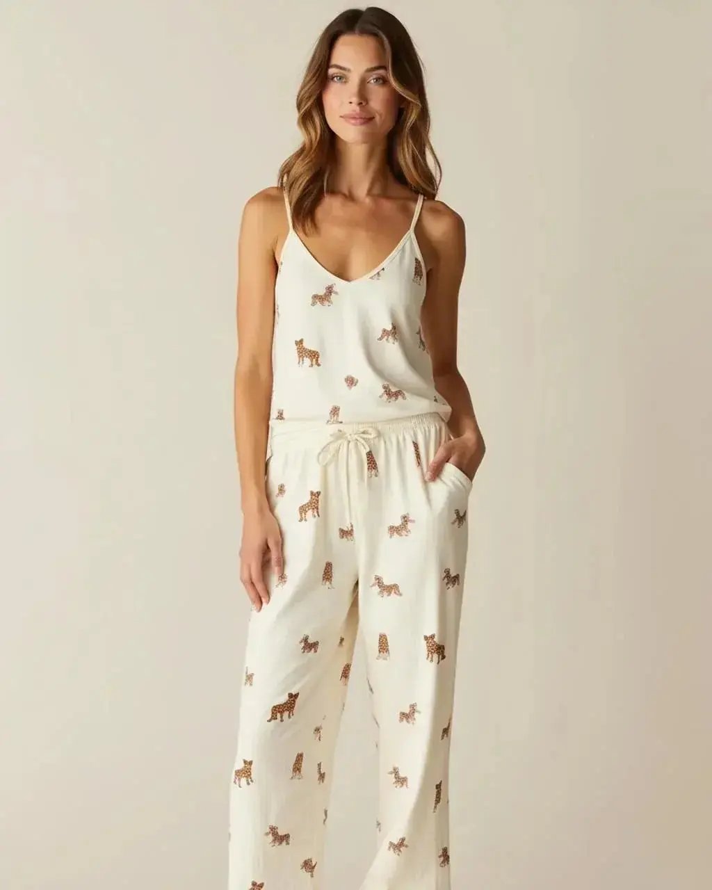 V-Neck Leopard Print Cami Pajama Set OMFORT