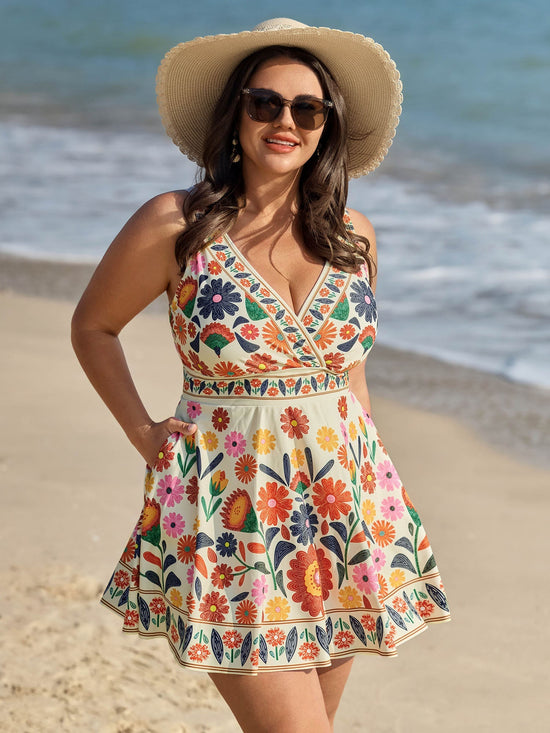 Floral Surplice Neckline Pockets Swim Dress OMFORT