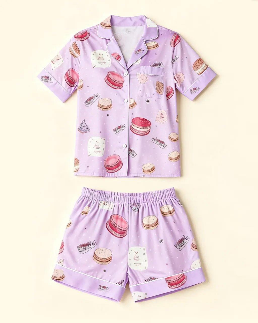Macaron Print Soft-Touch Collared Pajamas OMFORT