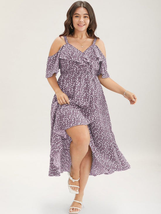Ditsy Floral Pocket Wrap Cold Shoulder Ruffle Dress OMFORT