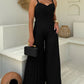 Pleated Design V Neck Adjustable Spaghetti Straps Cinched Waist Overalls Casual Pleated Flared Jumpsuit OMFORT