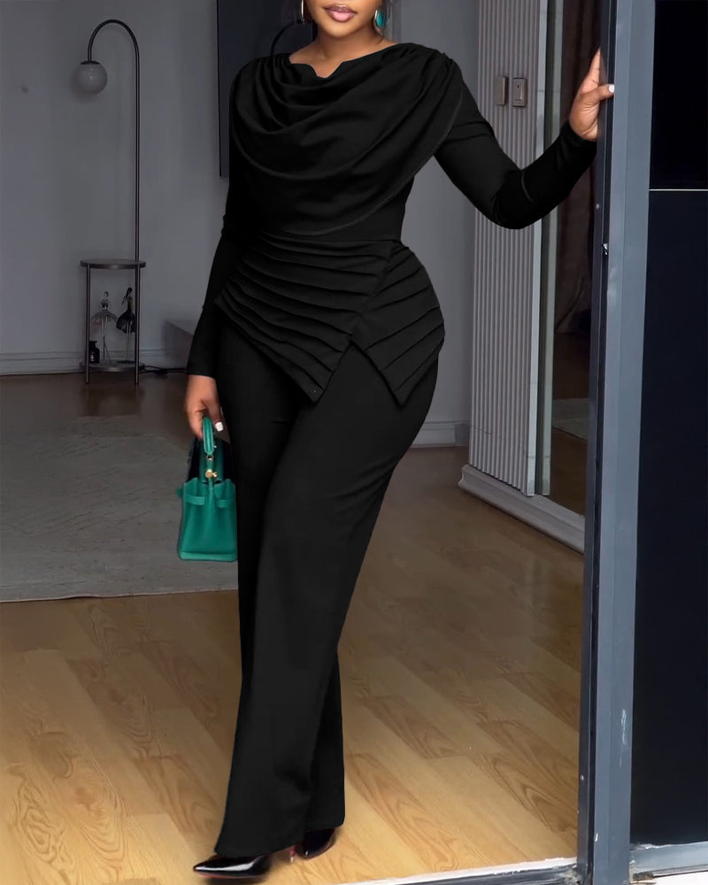 Cowl Neck Asymmetrical Textured Patchwork Cinched Waist Jumpsuit Casual Zipper Back Wide Leg Jumpsuit OMFORT