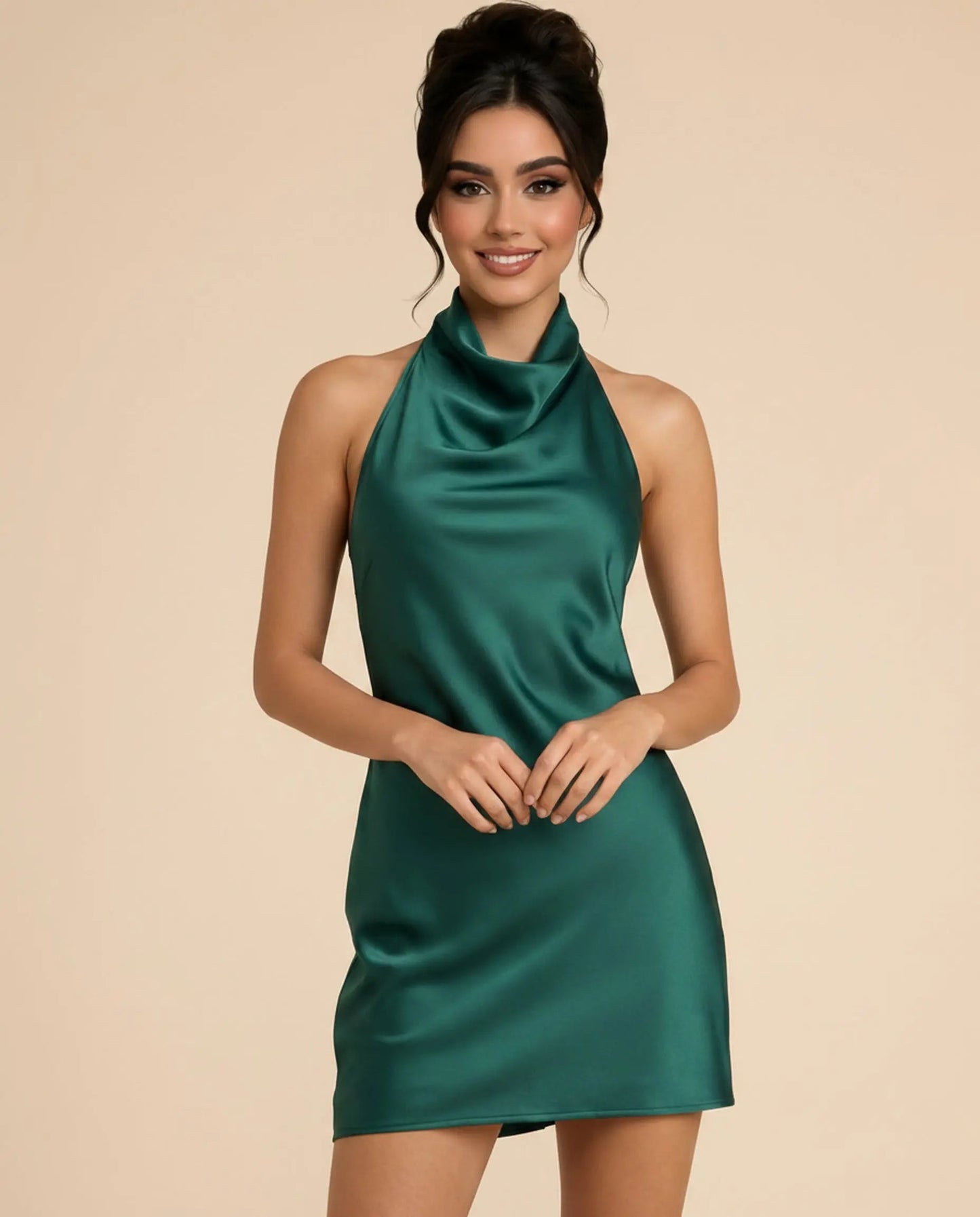 SOLACE  Dark Green Cowl Neck Satin Slim Fit Mini Dress?