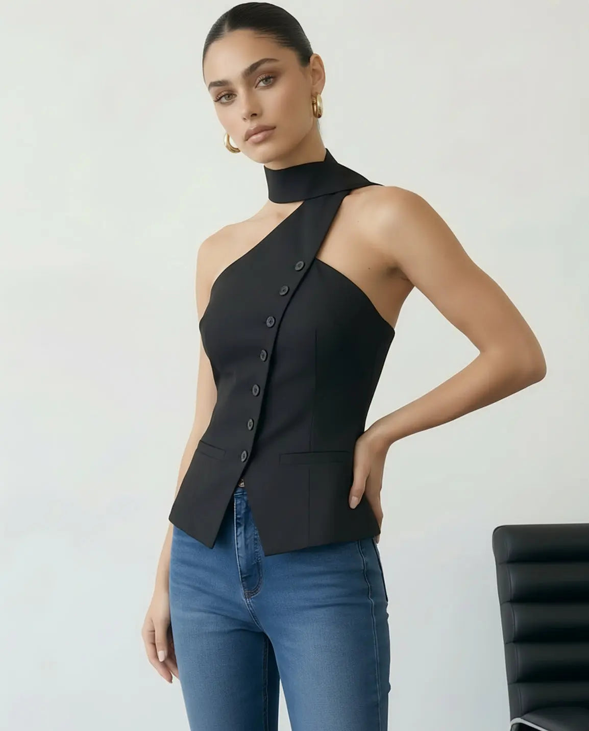 SOLACE  Black Asymmetrical One Shoulder Neck Tie Blouse?
