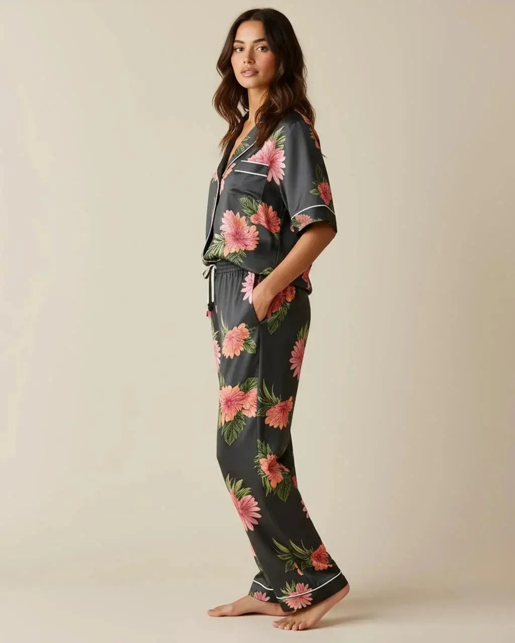 Floral Print Lapel Pajama Set OMFORT