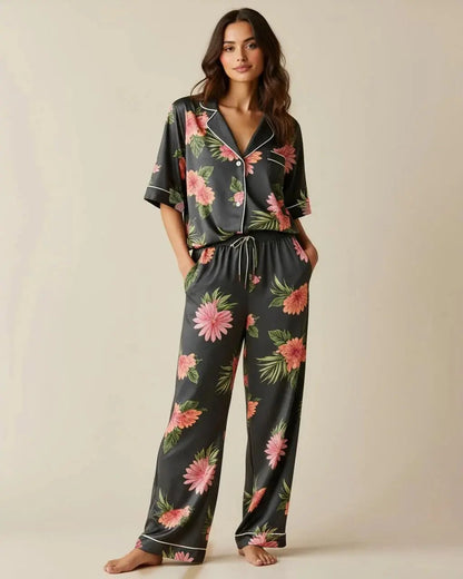 Floral Print Lapel Pajama Set OMFORT