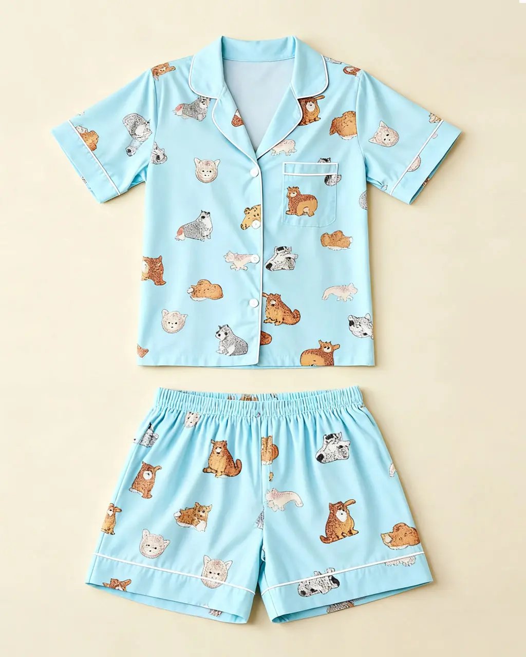 Fresh Light Blue Cat Print Pajama Set OMFORT