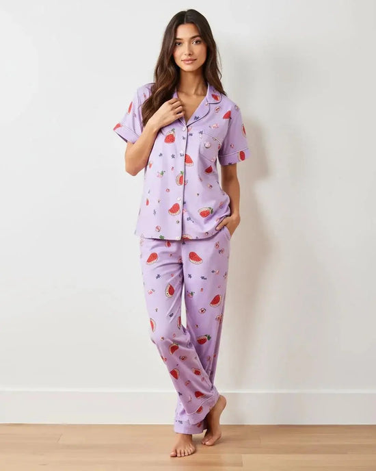 Fruit-Print Light Purple Short-Sleeve Pajama Set OMFORT
