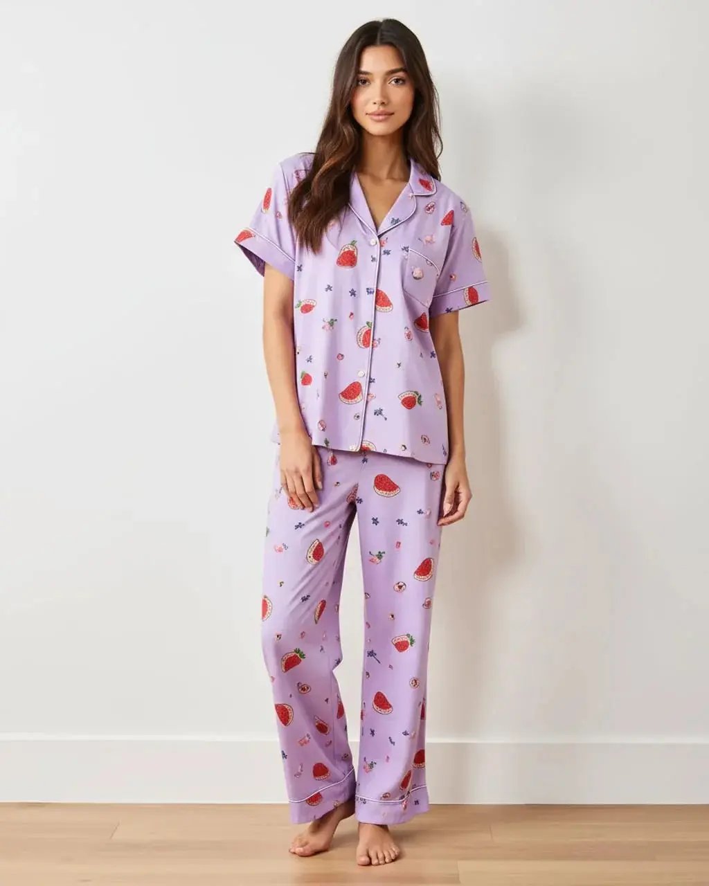 Fruit-Print Light Purple Short-Sleeve Pajama Set OMFORT